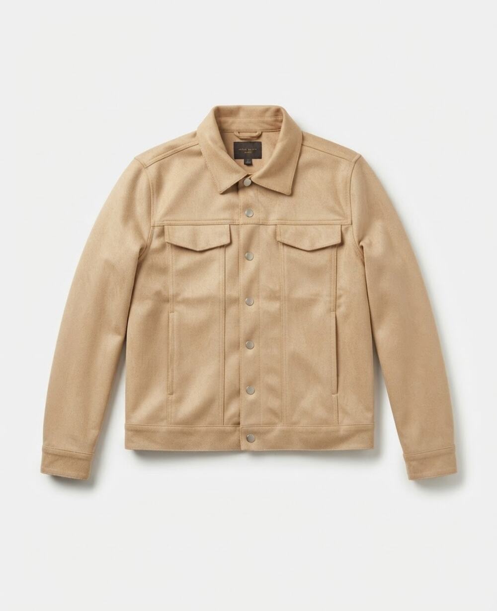 Marc Asher Men Beige Faux Suede Trucker Jacket Size Small Casual Outerwear Fall
